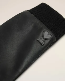 Ami Paris Ami de Coeur Leather Patch Gloves BLACK Clearance