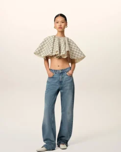 Ami Paris Beige Checked Wool Ruffled Top WHITE CREAM/BLACK Best Sale