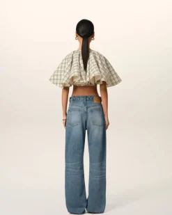 Ami Paris Beige Checked Wool Ruffled Top WHITE CREAM/BLACK Best Sale