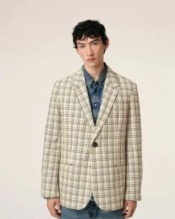 Ami Paris Beige Checked Wool Semi-Lined Jacket WHITE CREAM/BLACK Flash Sale
