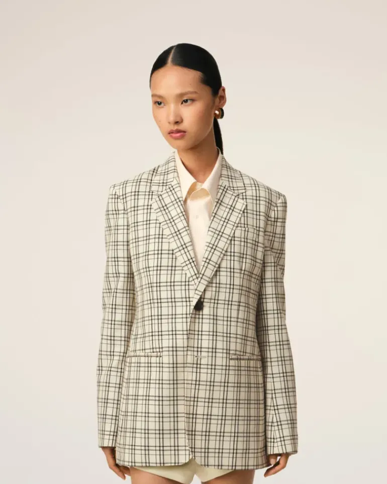 Ami Paris Beige Checked Wool Semi-Lined Jacket WHITE CREAM/BLACK Outlet