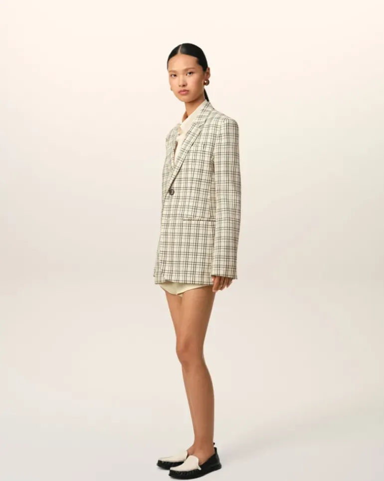 Ami Paris Beige Checked Wool Semi-Lined Jacket WHITE CREAM/BLACK Outlet