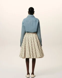 Ami Paris Beige Checked Wool Skirt With Godets WHITE CREAM/BLACK Cheap