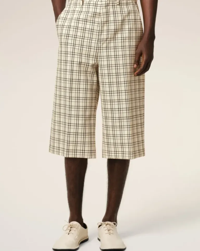 Ami Paris Beige Checked Wool Wide Bermuda WHITE CREAM/BLACK Discount