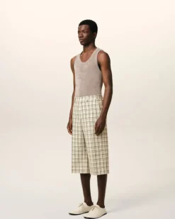 Ami Paris Beige Checked Wool Wide Bermuda WHITE CREAM/BLACK Discount