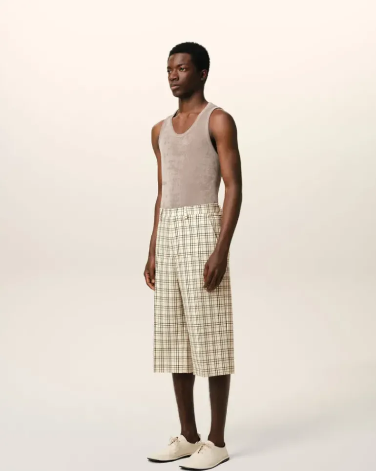 Ami Paris Beige Checked Wool Wide Bermuda WHITE CREAM/BLACK Discount