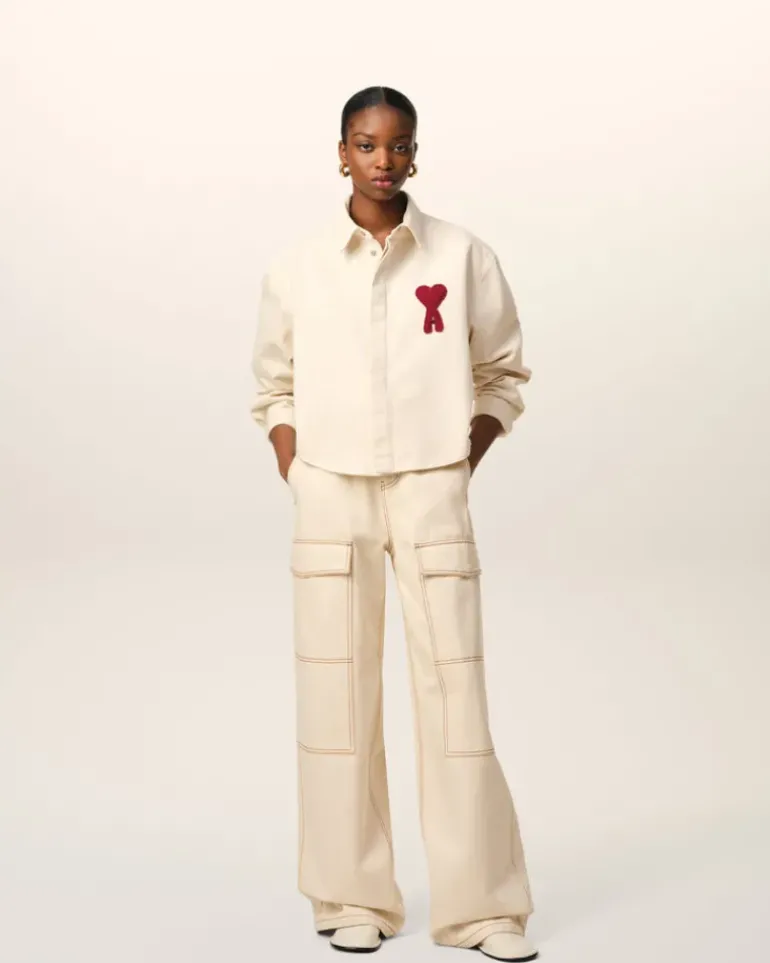 Ami Paris Beige Cotton Ami de Coeur Cropped Shirt WHITE CREAM Flash Sale