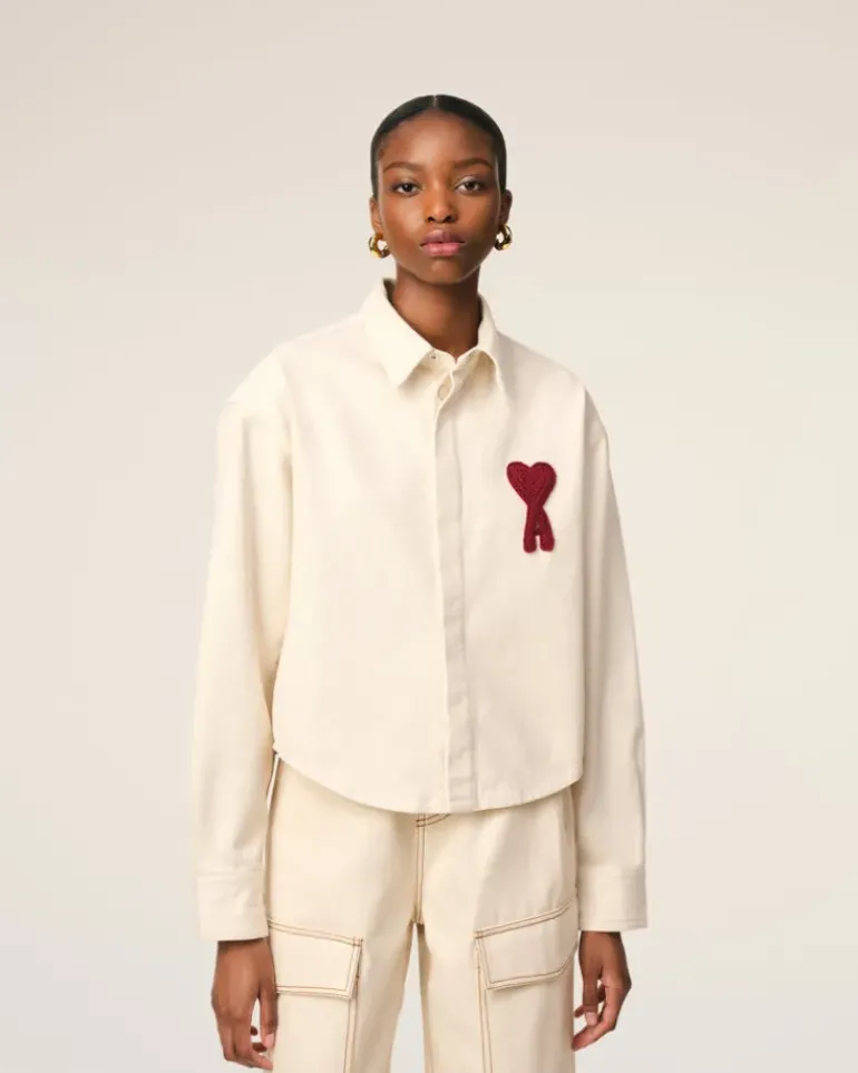Ami Paris Beige Cotton Ami de Coeur Cropped Shirt WHITE CREAM Flash Sale