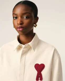 Ami Paris Beige Cotton Ami de Coeur Cropped Shirt WHITE CREAM Flash Sale