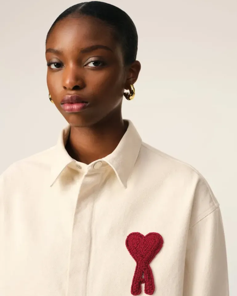 Ami Paris Beige Cotton Ami de Coeur Cropped Shirt WHITE CREAM Flash Sale