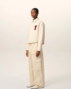 Ami Paris Beige Cotton Ami de Coeur Cropped Shirt WHITE CREAM Flash Sale