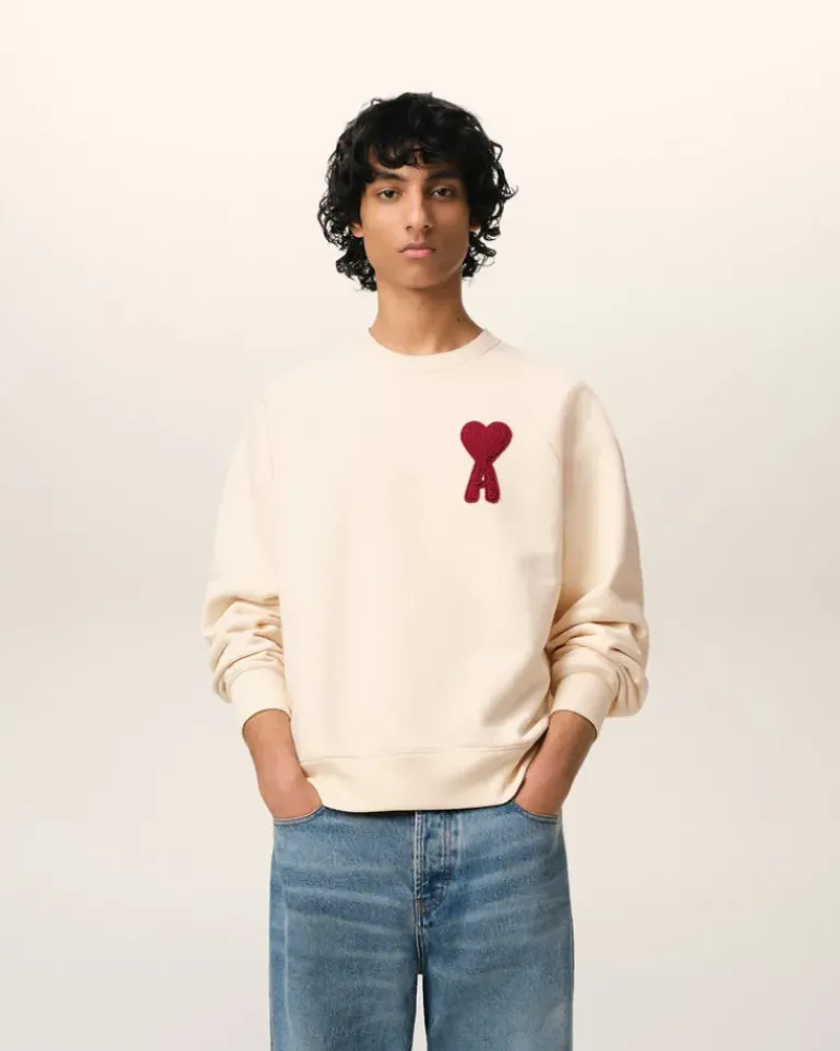 Ami Paris Beige Cotton Ami de Coeur Patch Sweatshirt WHITE CREAM Cheap