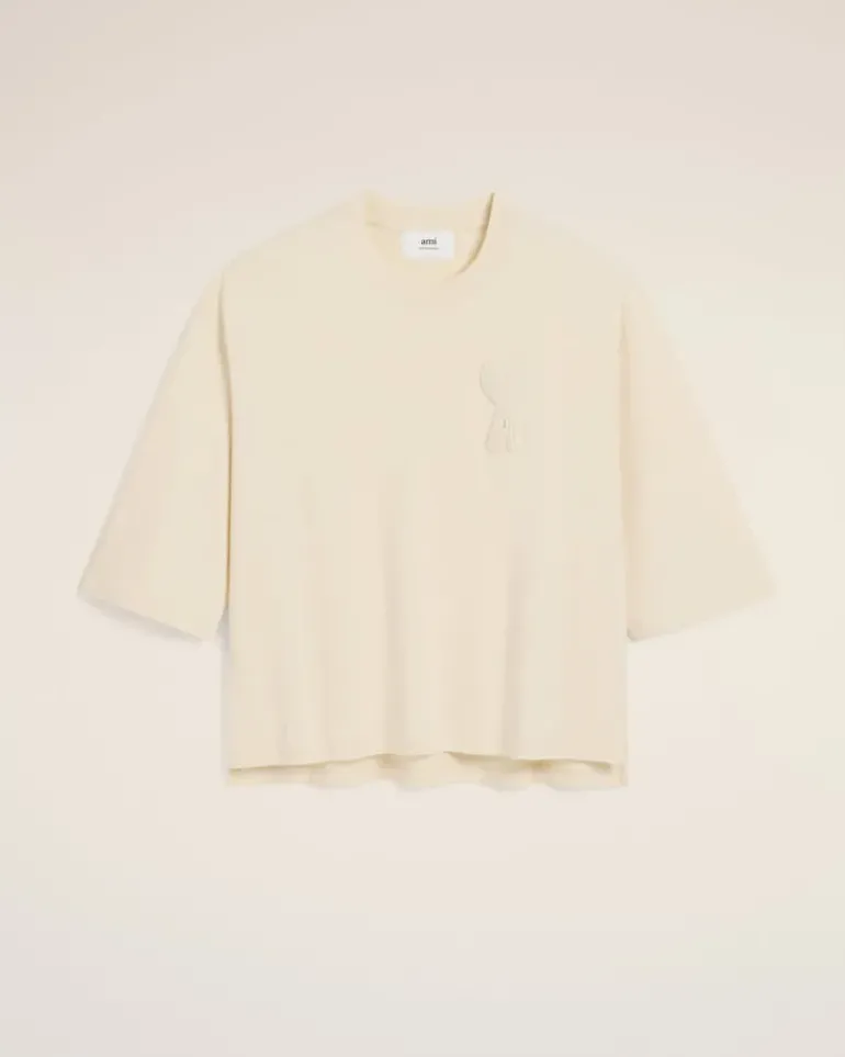 Ami Paris Beige Cotton Ami de Coeur Patch T-Shirt WHITE CREAM Shop