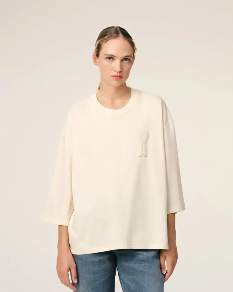 Ami Paris Beige Cotton Ami de Coeur Patch T-Shirt WHITE CREAM Shop
