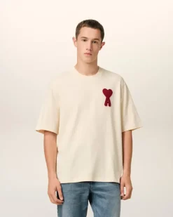 Ami Paris Beige Cotton Ami de Coeur Patch T-Shirt WHITE CREAM Fashion
