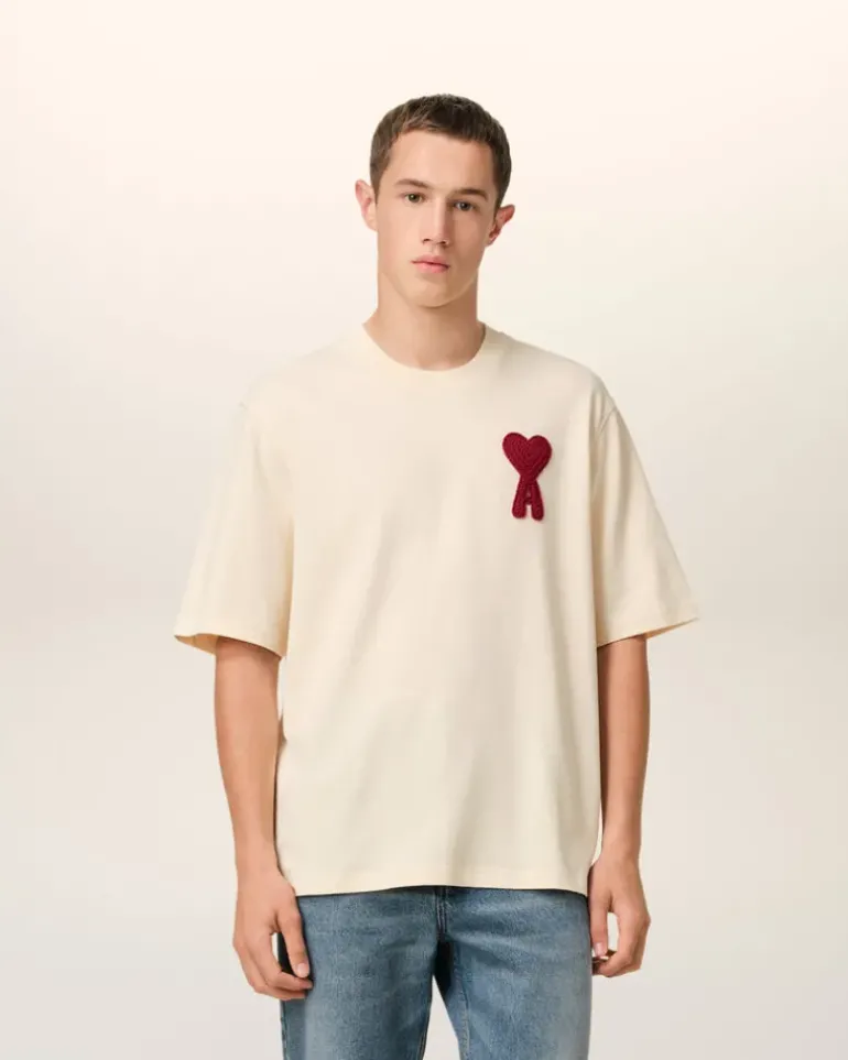 Ami Paris Beige Cotton Ami de Coeur Patch T-Shirt WHITE CREAM Fashion