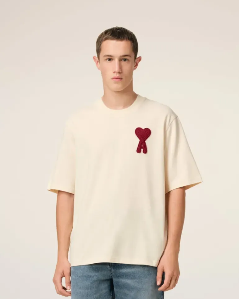 Ami Paris Beige Cotton Ami de Coeur Patch T-Shirt WHITE CREAM Fashion