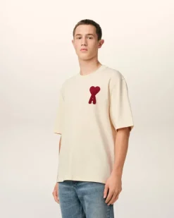 Ami Paris Beige Cotton Ami de Coeur Patch T-Shirt WHITE CREAM Fashion