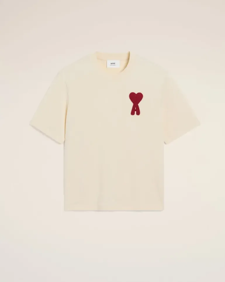 Ami Paris Beige Cotton Ami de Coeur Patch T-Shirt WHITE CREAM Fashion