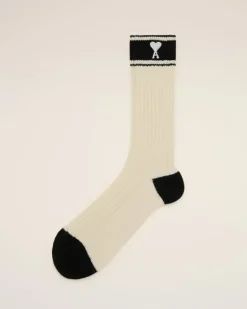 Ami Paris Beige Cotton Ami de Coeur Striped Socks WHITE CREAM/BLACK Sale