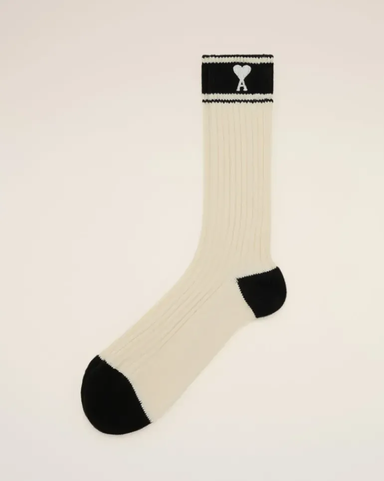 Ami Paris Beige Cotton Ami de Coeur Striped Socks WHITE CREAM/BLACK Sale