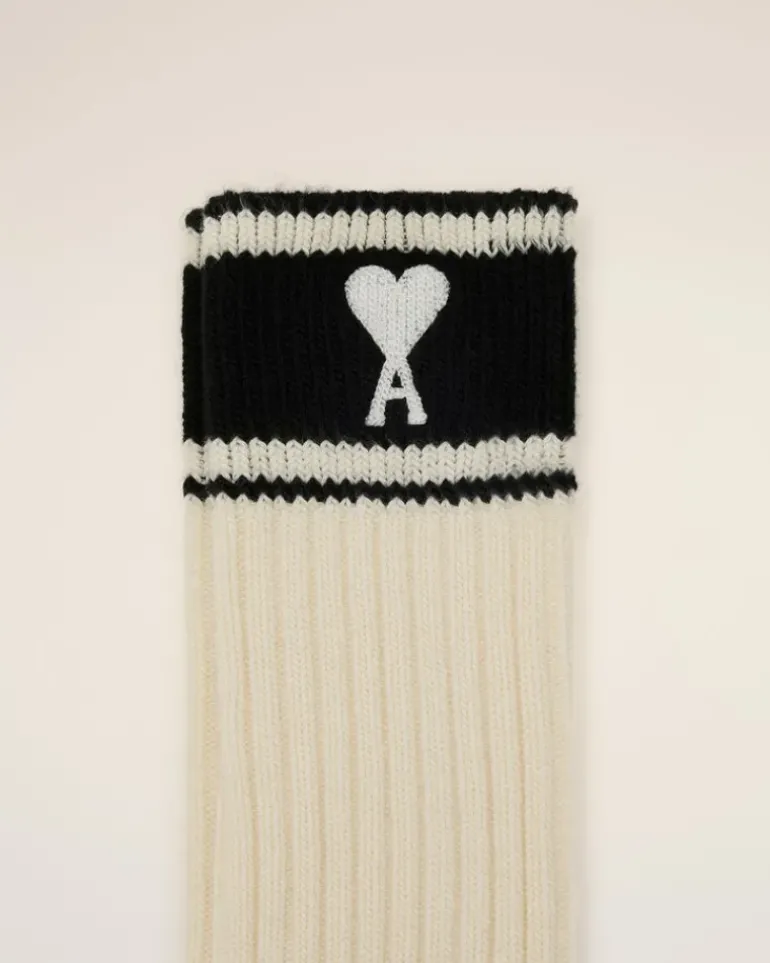 Ami Paris Beige Cotton Ami de Coeur Striped Socks WHITE CREAM/BLACK Sale