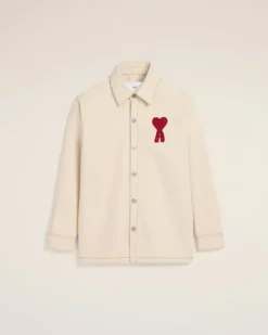 Ami Paris Beige Cotton Ami de Coeur Overshirt WHITE CREAM Best Sale