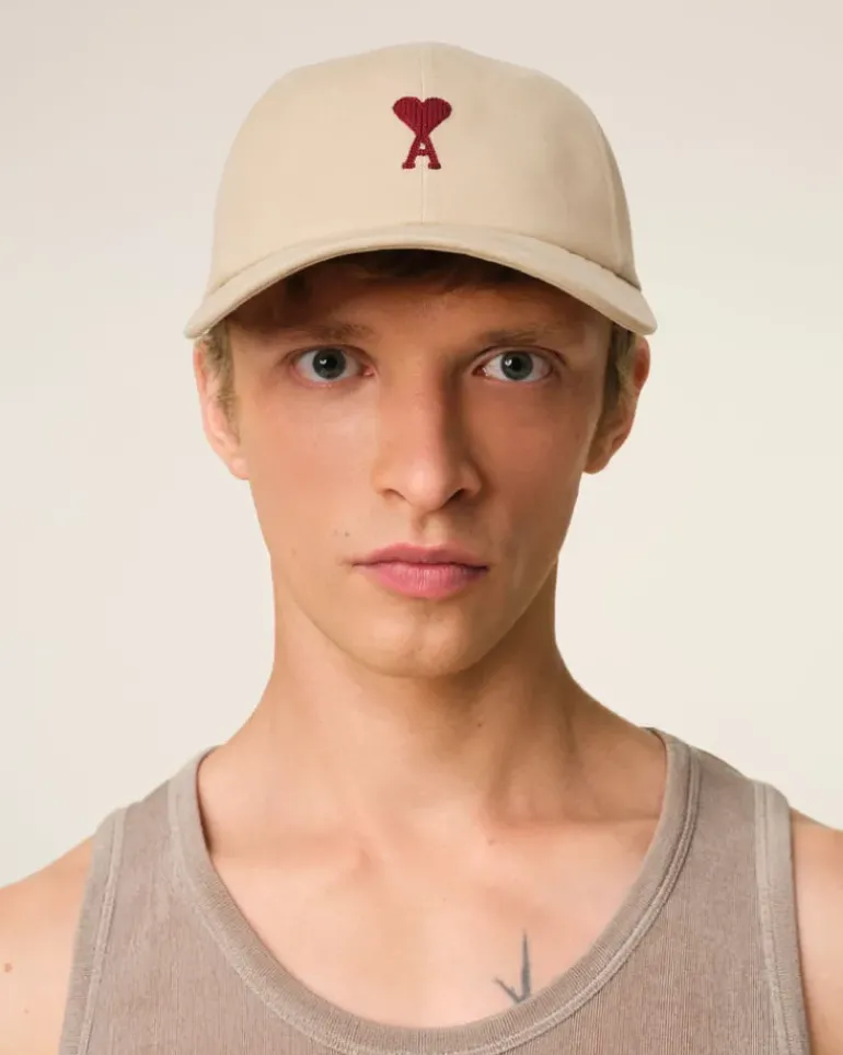 Ami Paris Beige Cotton Ami de Coeur Embroidery Cap GINGER Best Sale