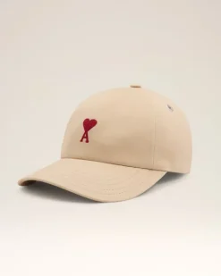 Ami Paris Beige Cotton Ami de Coeur Embroidery Cap GINGER Best Sale
