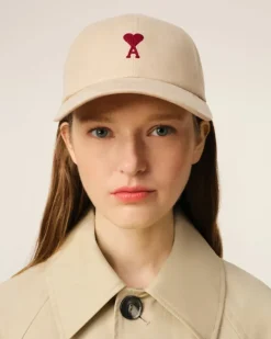 Ami Paris Beige Cotton Ami de Coeur Embroidery Cap GINGER Best Sale