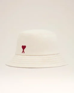 Ami Paris Beige Cotton Ami de Coeur Embroidery Bucket Hat WHITE CREAM Shop