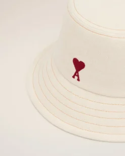 Ami Paris Beige Cotton Ami de Coeur Embroidery Bucket Hat WHITE CREAM Shop