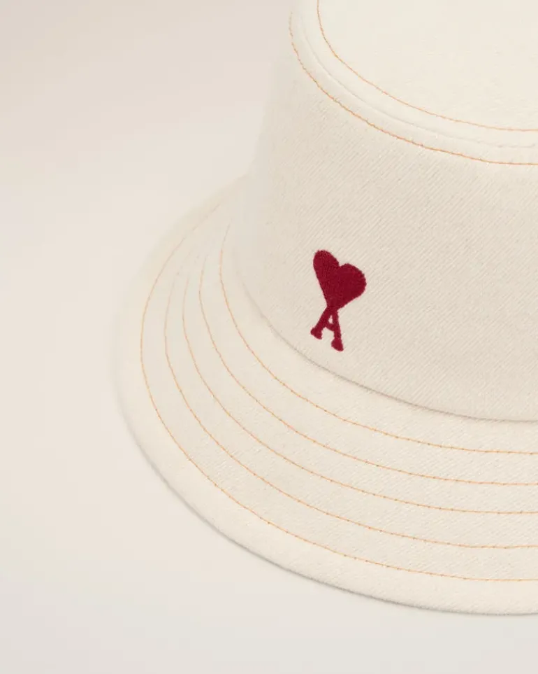 Ami Paris Beige Cotton Ami de Coeur Embroidery Bucket Hat WHITE CREAM Shop
