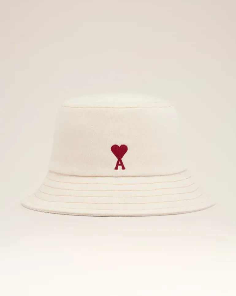 Ami Paris Beige Cotton Ami de Coeur Embroidery Bucket Hat WHITE CREAM Shop