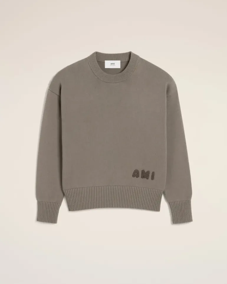 Ami Paris Beige Cotton Ami Embroidered Crewneck Sweater ASH Clearance