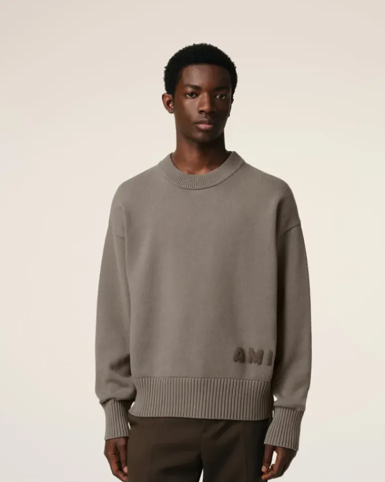 Ami Paris Beige Cotton Ami Embroidered Crewneck Sweater ASH Clearance