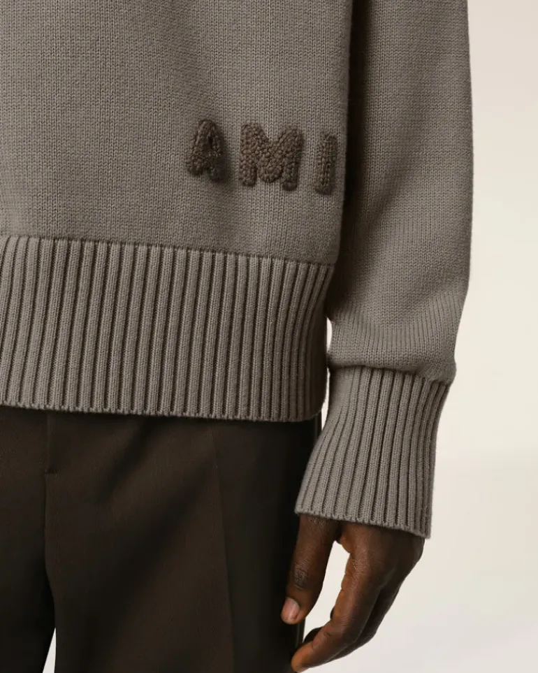 Ami Paris Beige Cotton Ami Embroidered Crewneck Sweater ASH Clearance