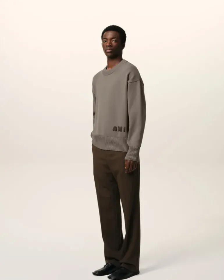 Ami Paris Beige Cotton Ami Embroidered Crewneck Sweater ASH Clearance