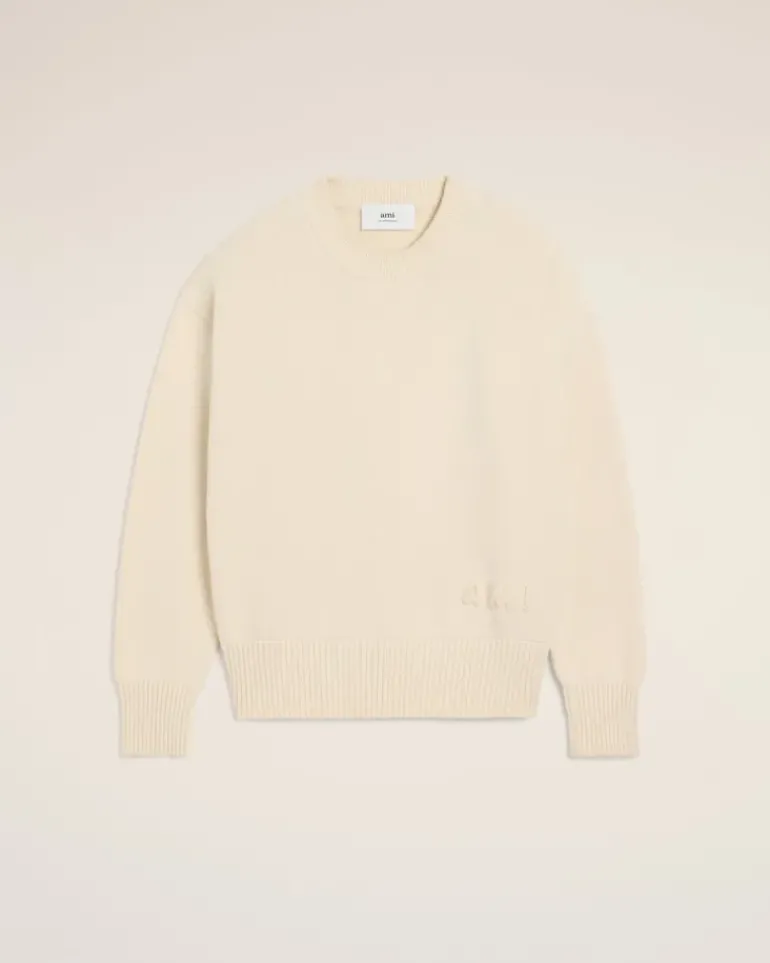 Ami Paris Beige Cotton Ami Embroidered Crewneck Sweater WHITE CREAM Online
