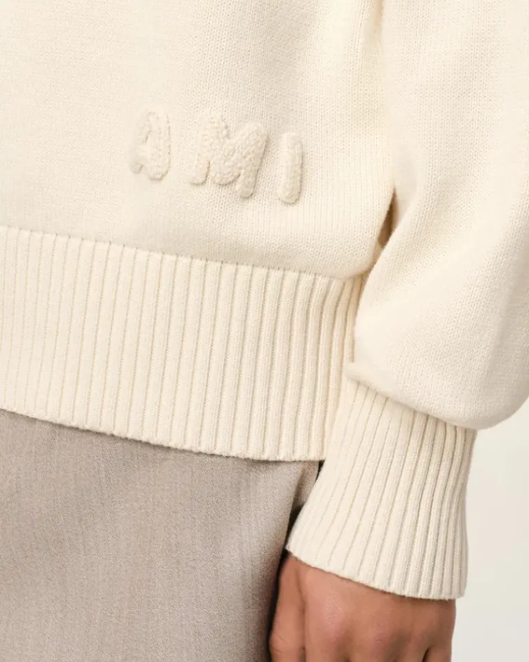 Ami Paris Beige Cotton Ami Embroidered Crewneck Sweater WHITE CREAM Online