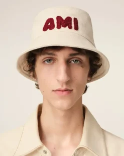 Ami Paris Beige Cotton Patch Bucket Hat WHITE CREAM Outlet