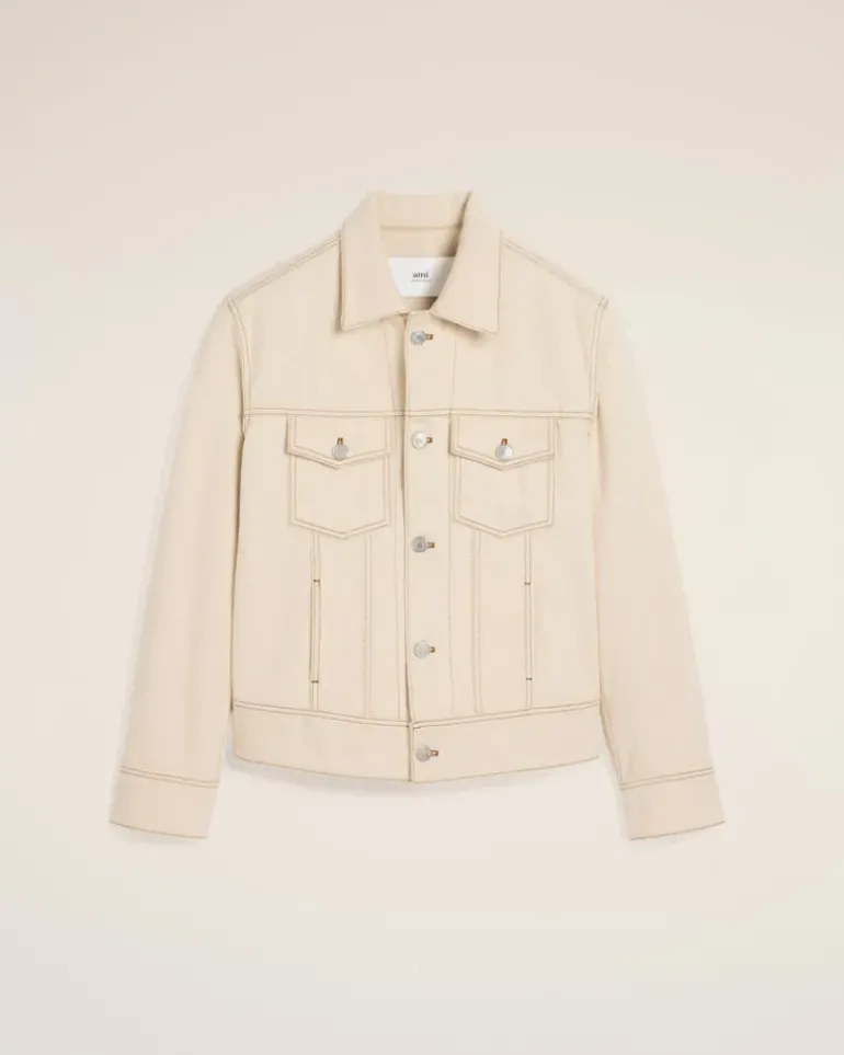 Ami Paris Beige Cotton Trucker Jacket WHITE CREAM New