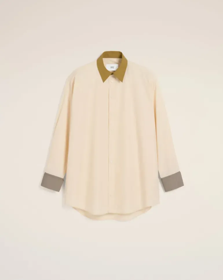 Ami Paris Beige Cotton Classic Collar Loose Shirt WHITE CREAM Discount
