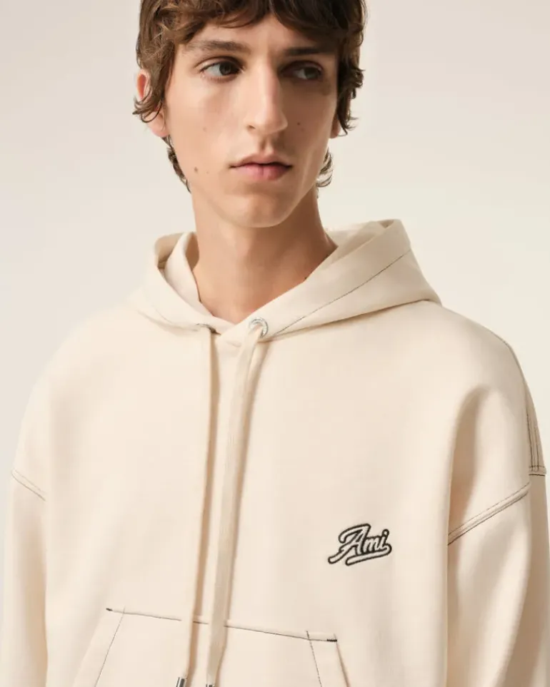 Ami Paris Beige Cotton Hoodie Ami Signature WHITE CREAM Outlet