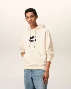 Ami Paris Beige Cotton Hoodie With Patch WHITE CREAM Best