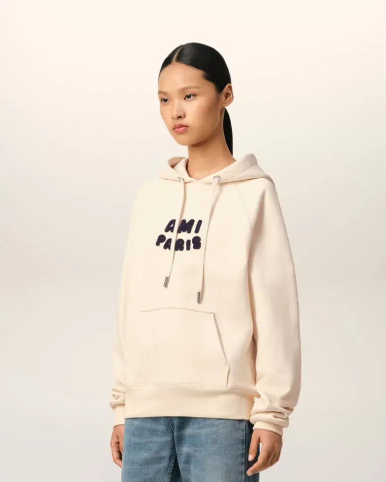 Ami Paris Beige Cotton Hoodie With Patch WHITE CREAM Best