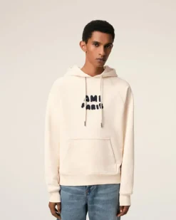 Ami Paris Beige Cotton Hoodie With Patch WHITE CREAM Best