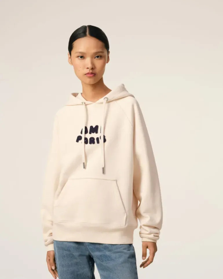 Ami Paris Beige Cotton Hoodie With Patch WHITE CREAM Best