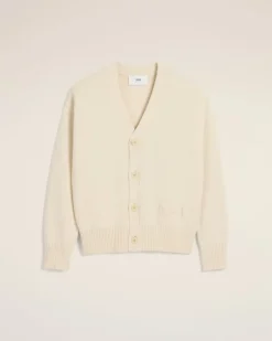 Ami Paris Beige Cotton Wool Ami Embroidered Cardigan WHITE CREAM Outlet