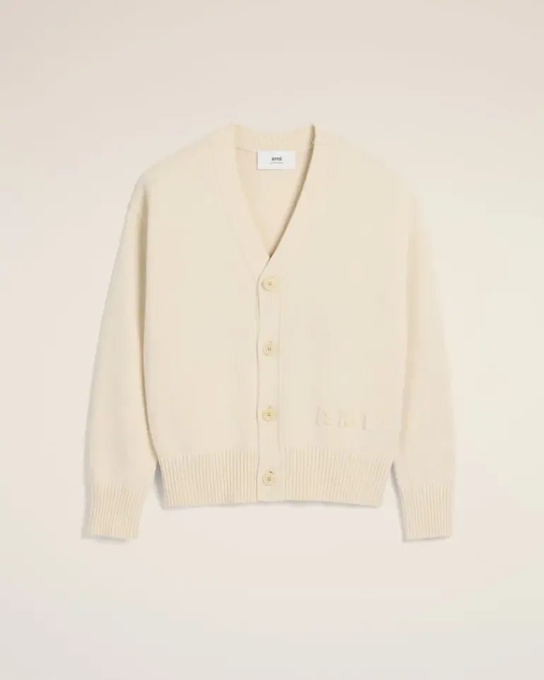 Ami Paris Beige Cotton Wool Ami Embroidered Cardigan WHITE CREAM Outlet